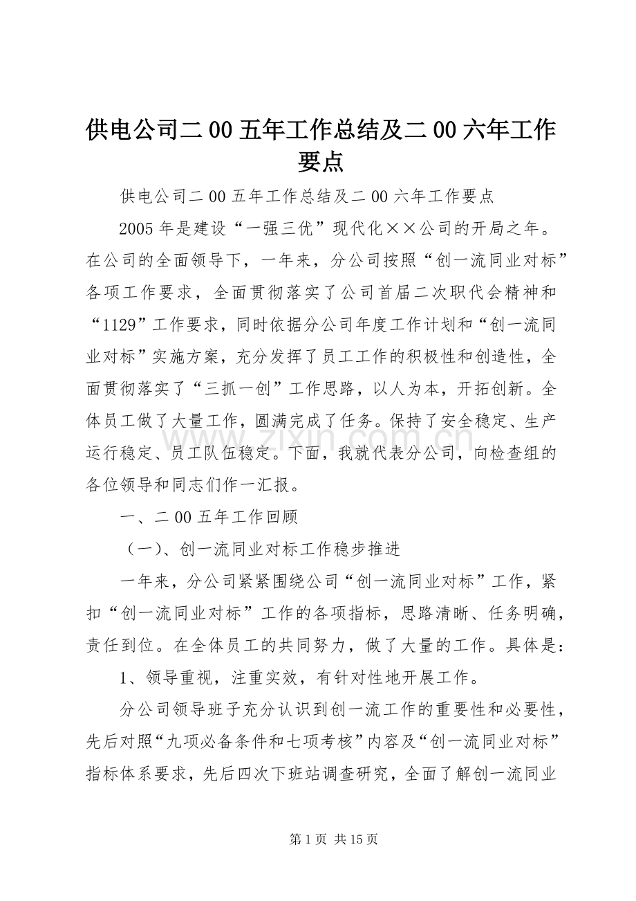 供电公司二00五年工作总结及二00六年工作要点 .docx_第1页