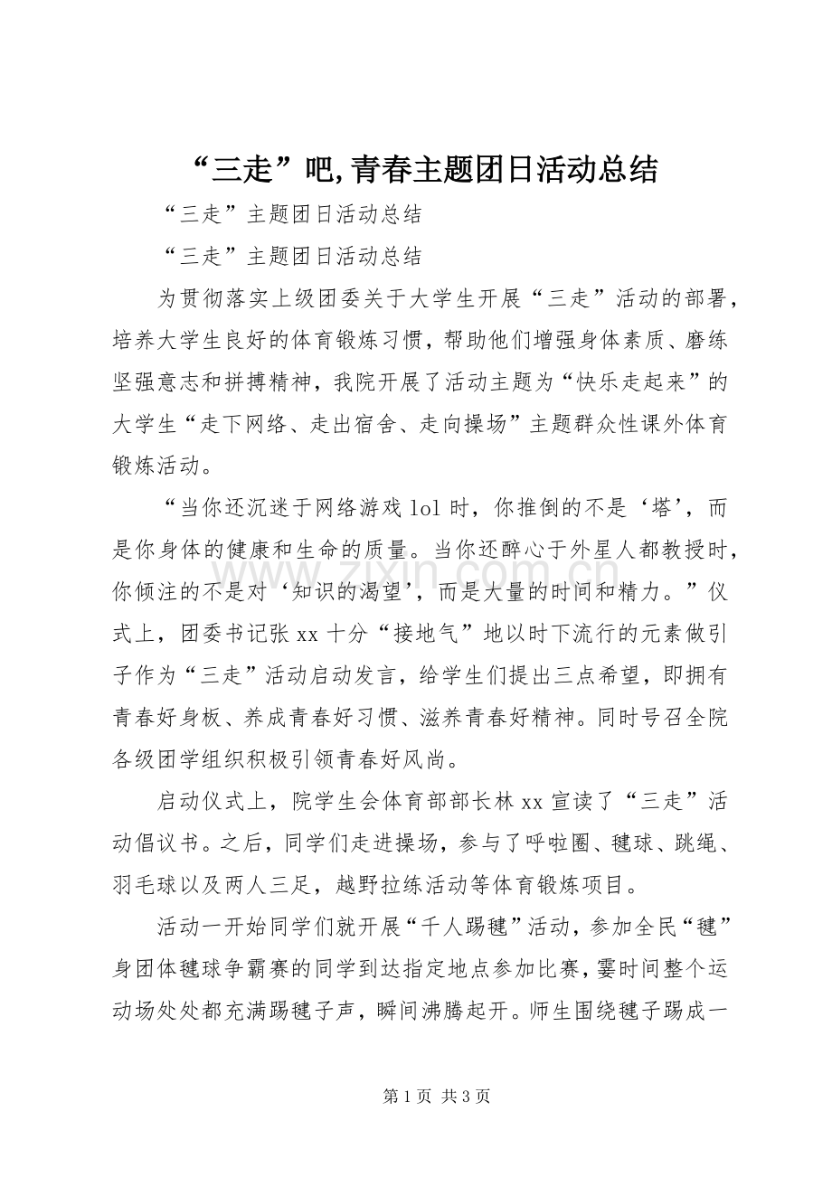 “三走”吧,青春主题团日活动总结 .docx_第1页