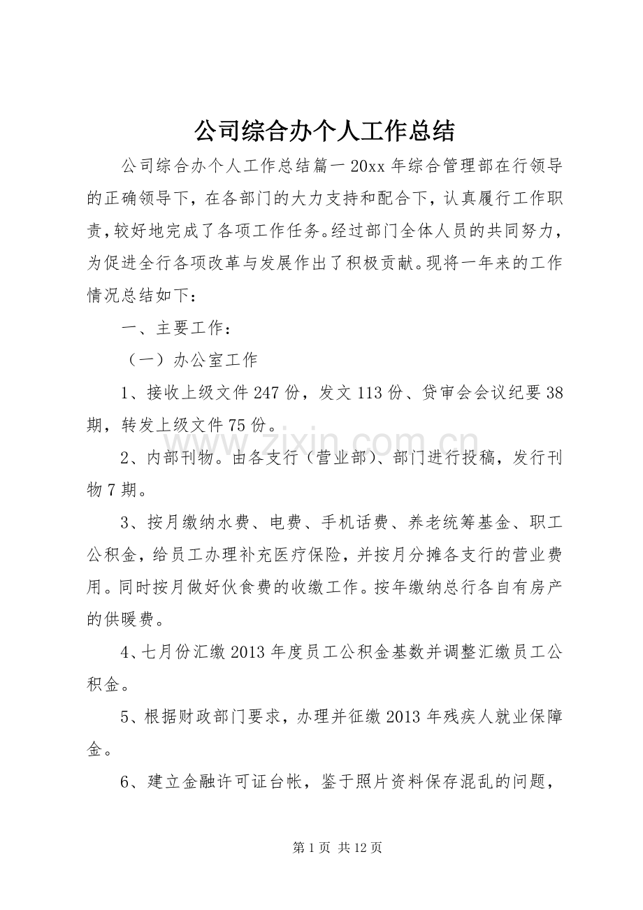 公司综合办个人工作总结 .docx_第1页