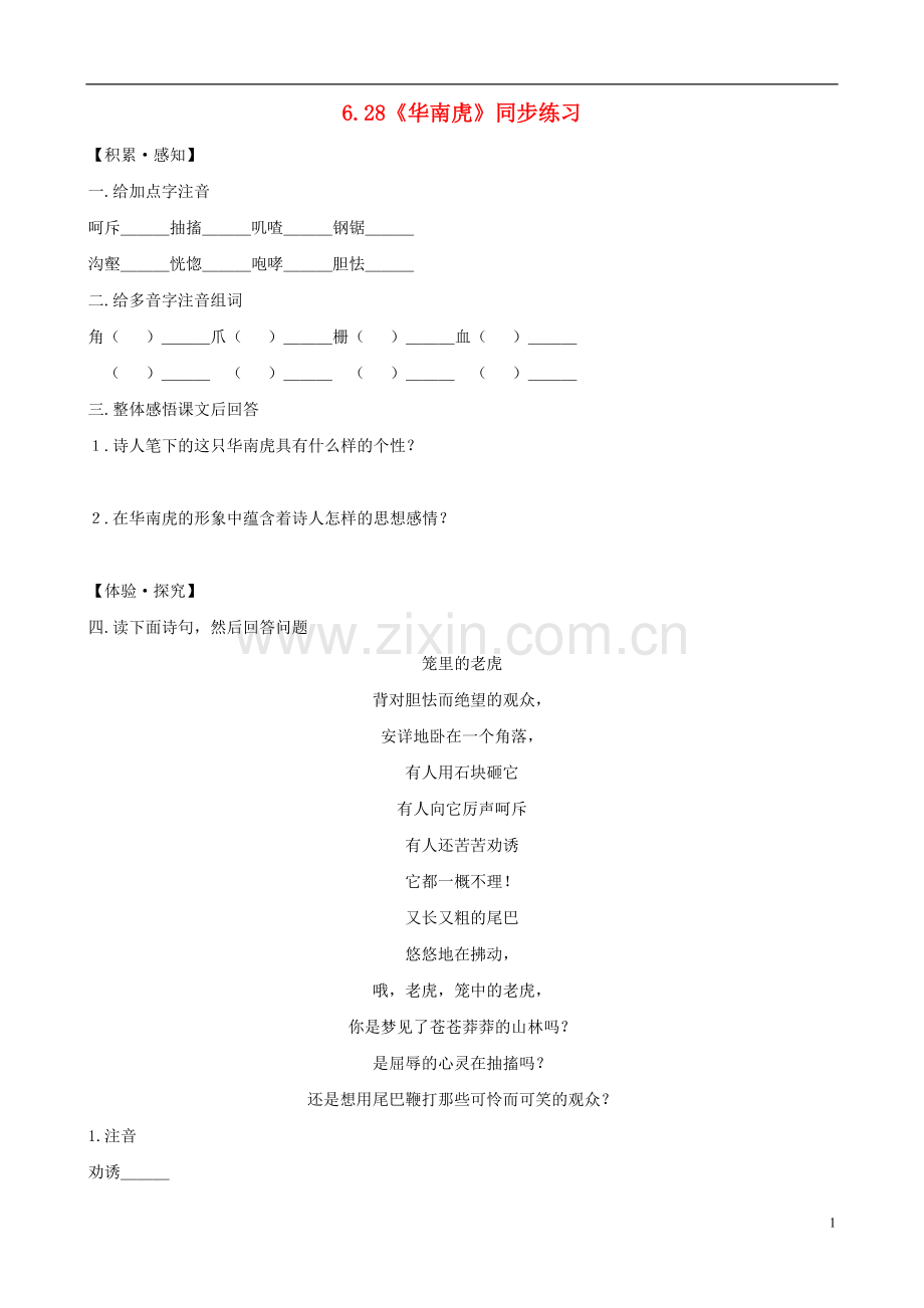七年级语文下册-6.28《华南虎》同步练习-新人教版.doc_第1页