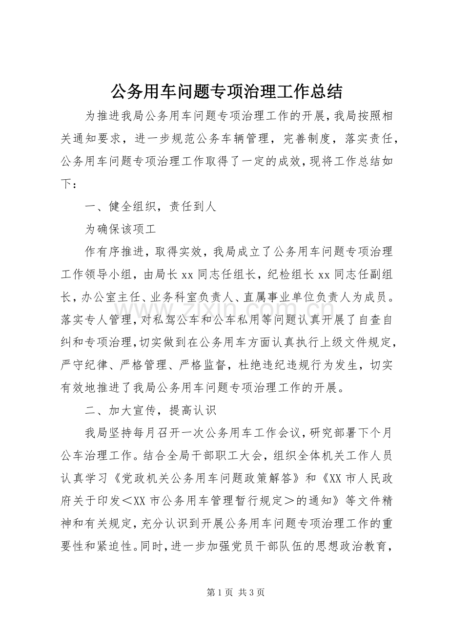公务用车问题专项治理工作总结 .docx_第1页