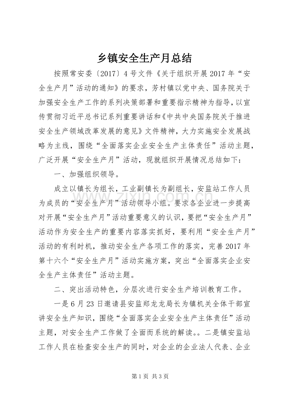 乡镇安全生产月总结 .docx_第1页