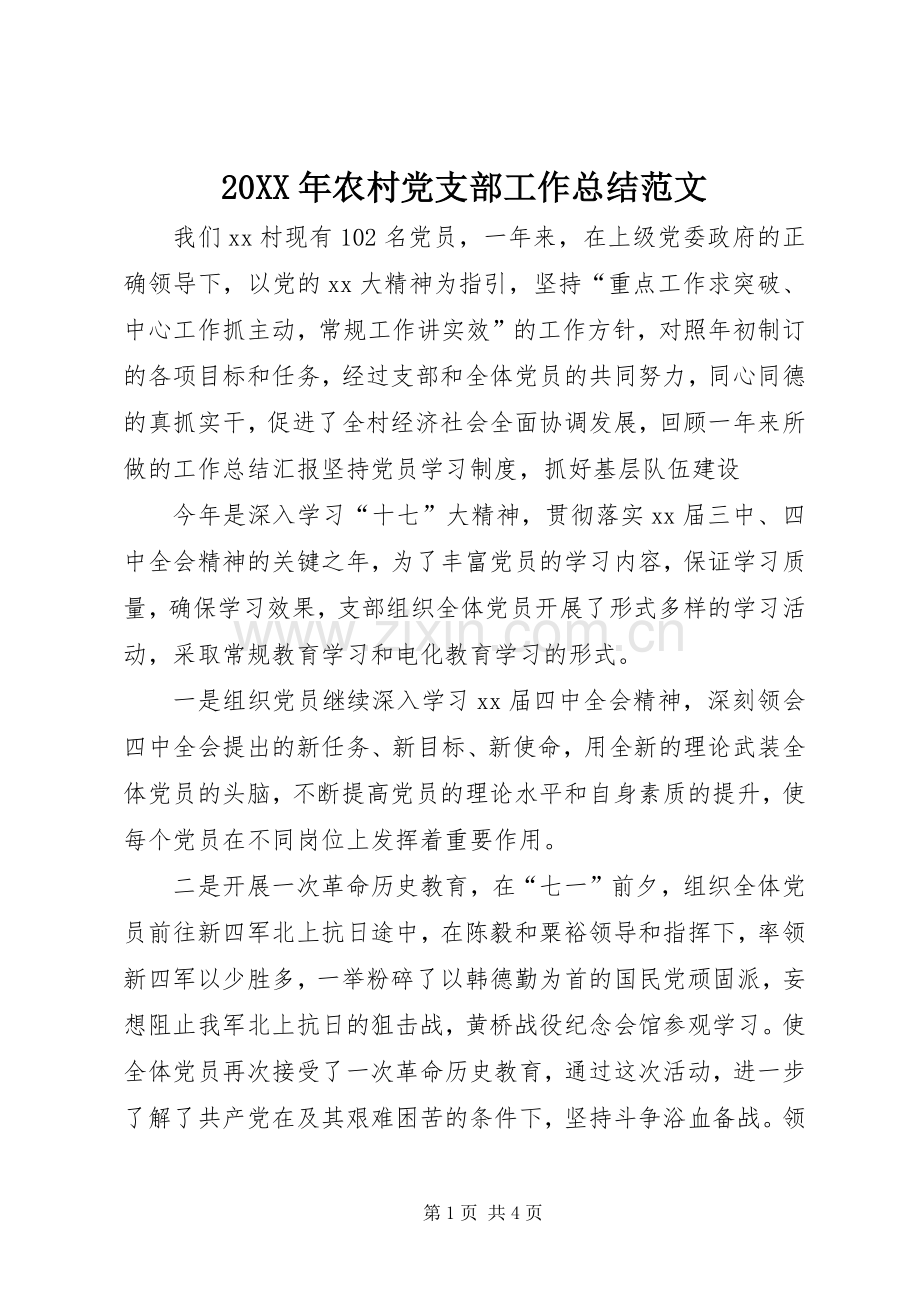 20XX年农村党支部工作总结范文 .docx_第1页