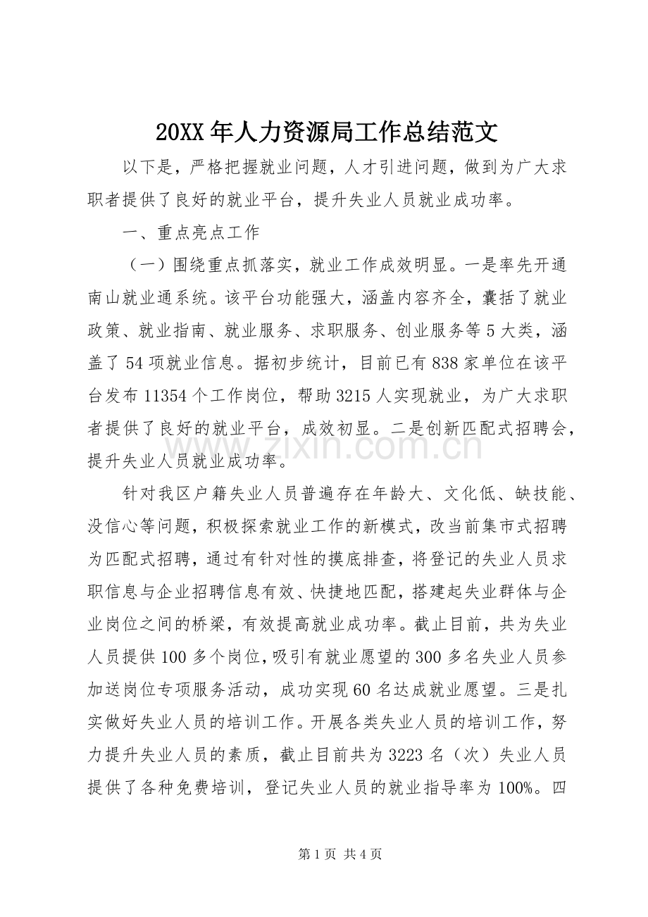20XX年人力资源局工作总结范文.docx_第1页