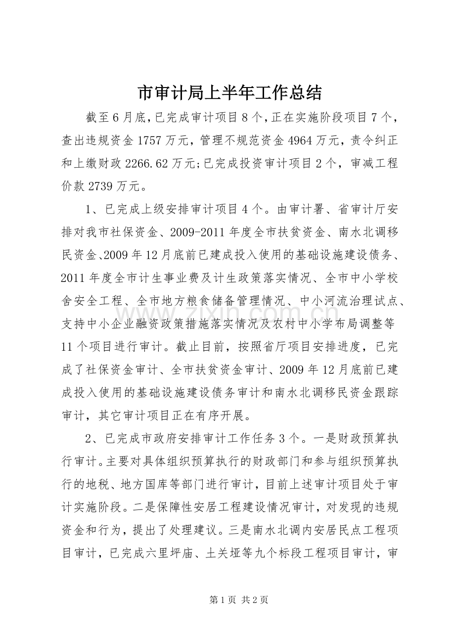 市审计局上半年工作总结 .docx_第1页