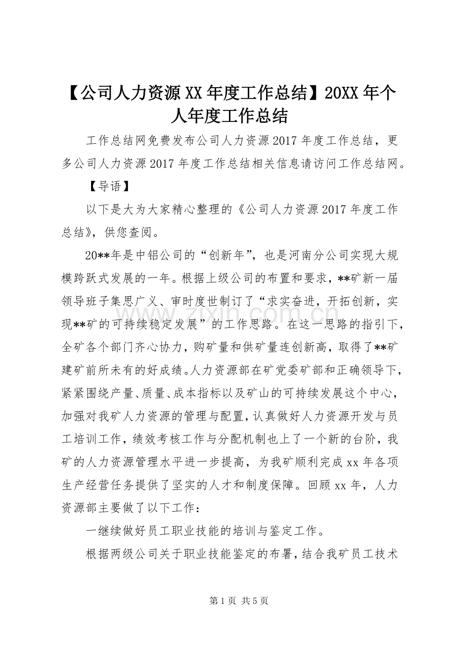 【公司人力资源XX年度工作总结】20XX年个人年度工作总结.docx_第1页
