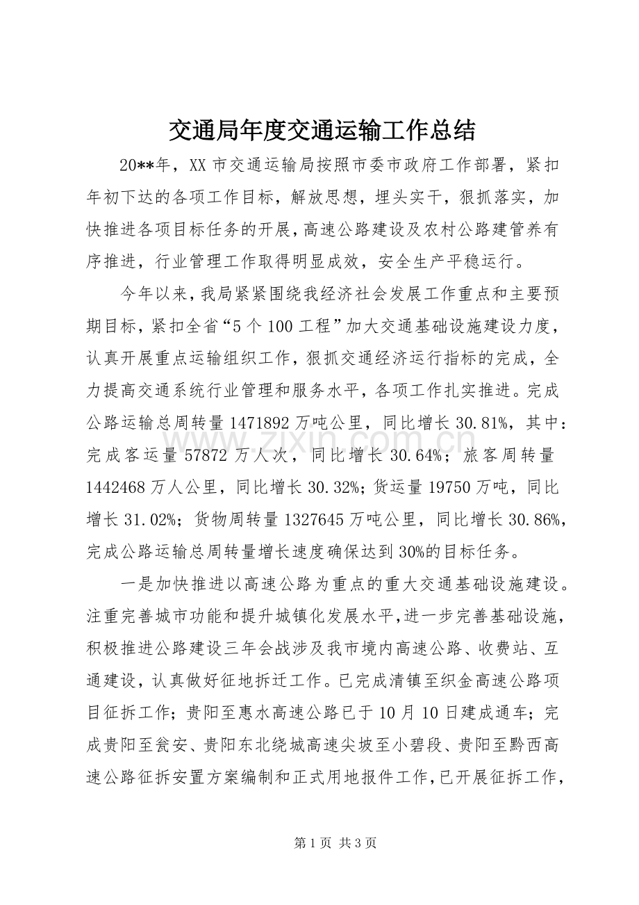 交通局年度交通运输工作总结 .docx_第1页