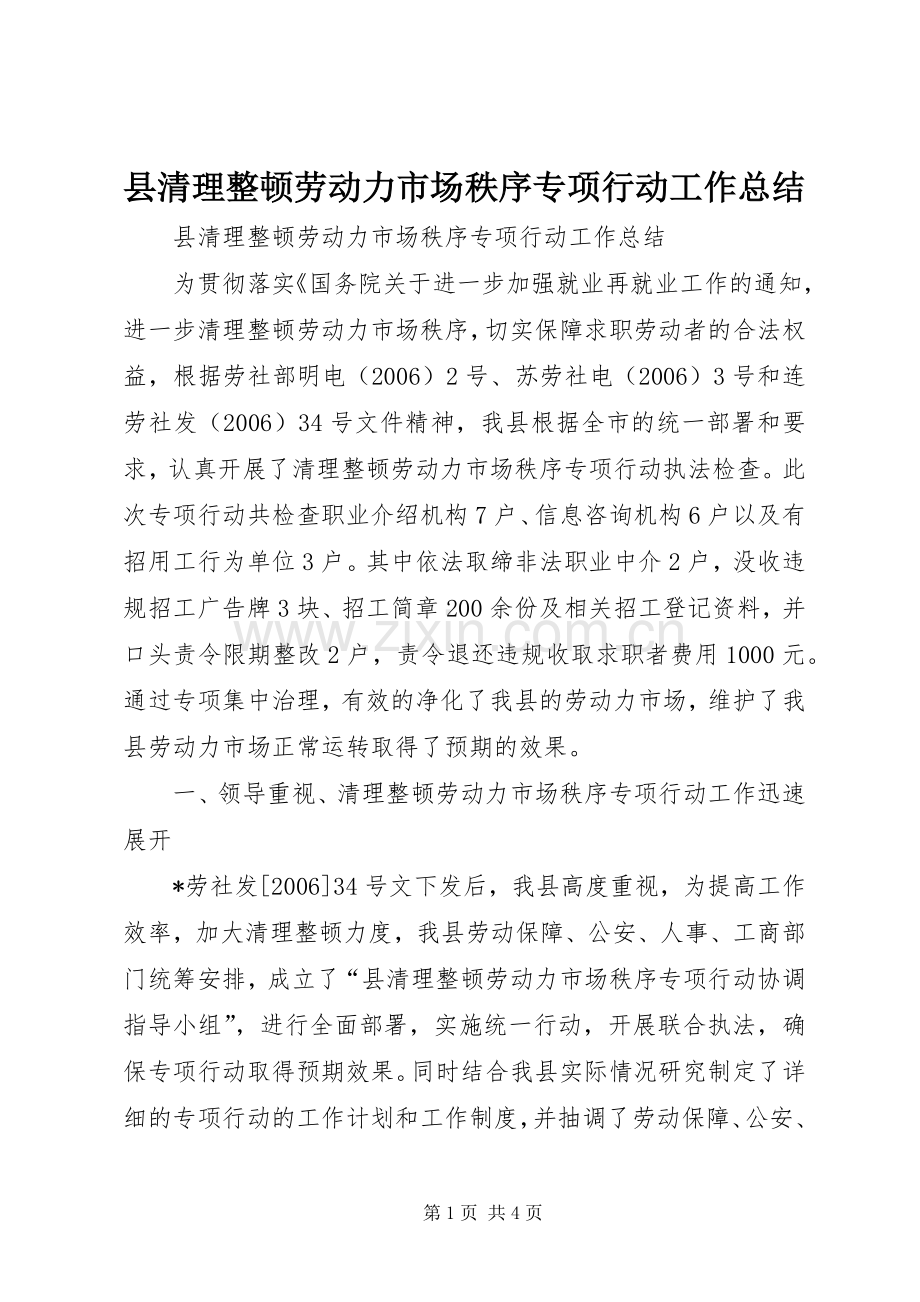县清理整顿劳动力市场秩序专项行动工作总结 .docx_第1页