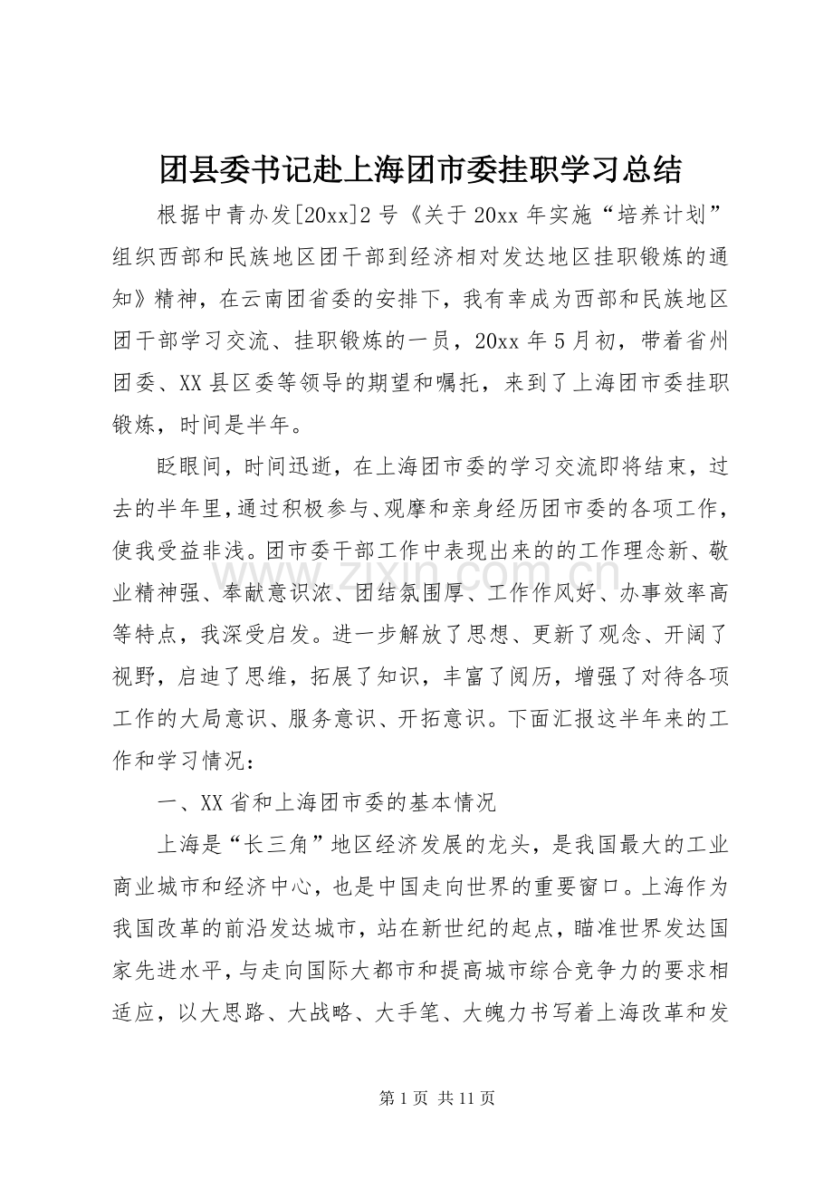 团县委书记赴上海团市委挂职学习总结 .docx_第1页
