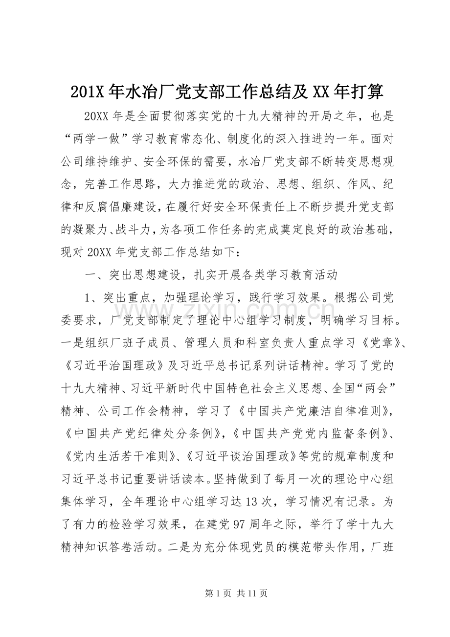 202X年水冶厂党支部工作总结及XX年打算.docx_第1页