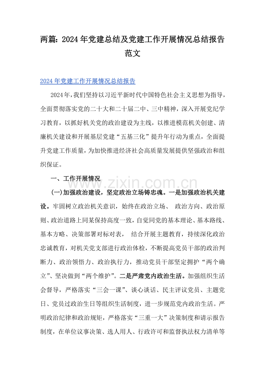 两篇：2024年党建总结及党建工作开展情况总结报告范文.docx_第1页