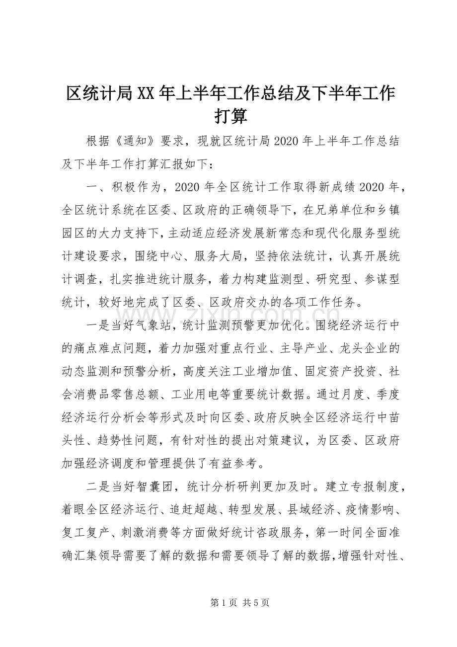 区统计局XX年上半年工作总结及下半年工作打算 .docx_第1页