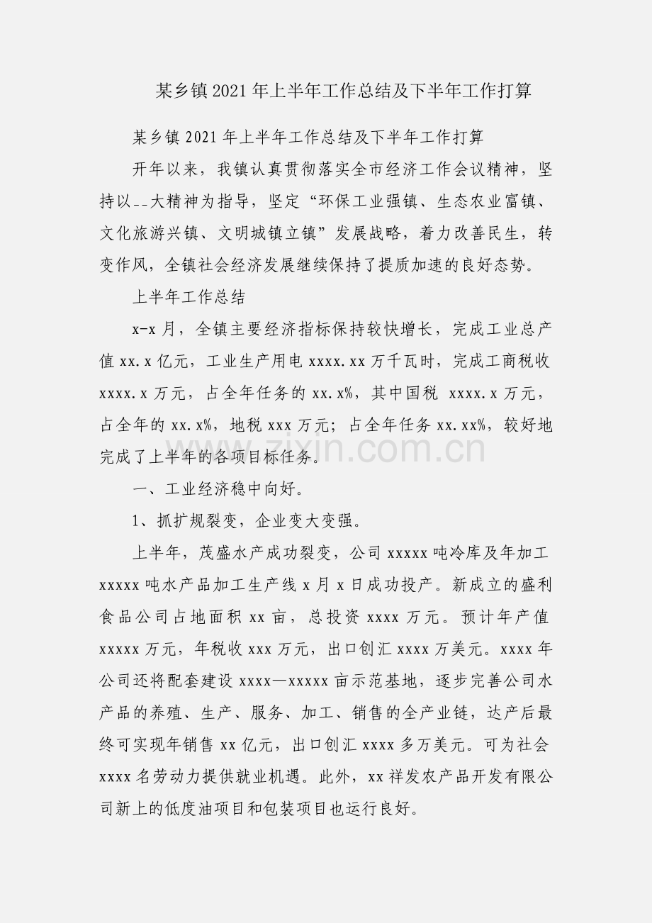某乡镇2021年上半年工作总结及下半年工作打算.docx_第1页