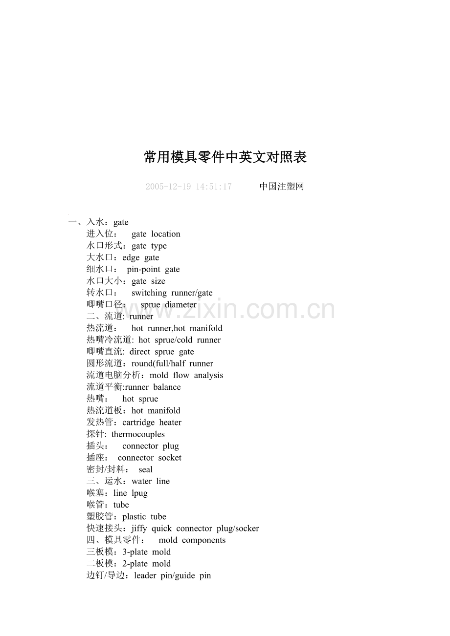常用模具零件中英文对照表汇编.docx_第1页