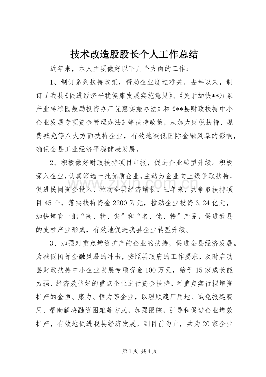 技术改造股股长个人工作总结 .docx_第1页