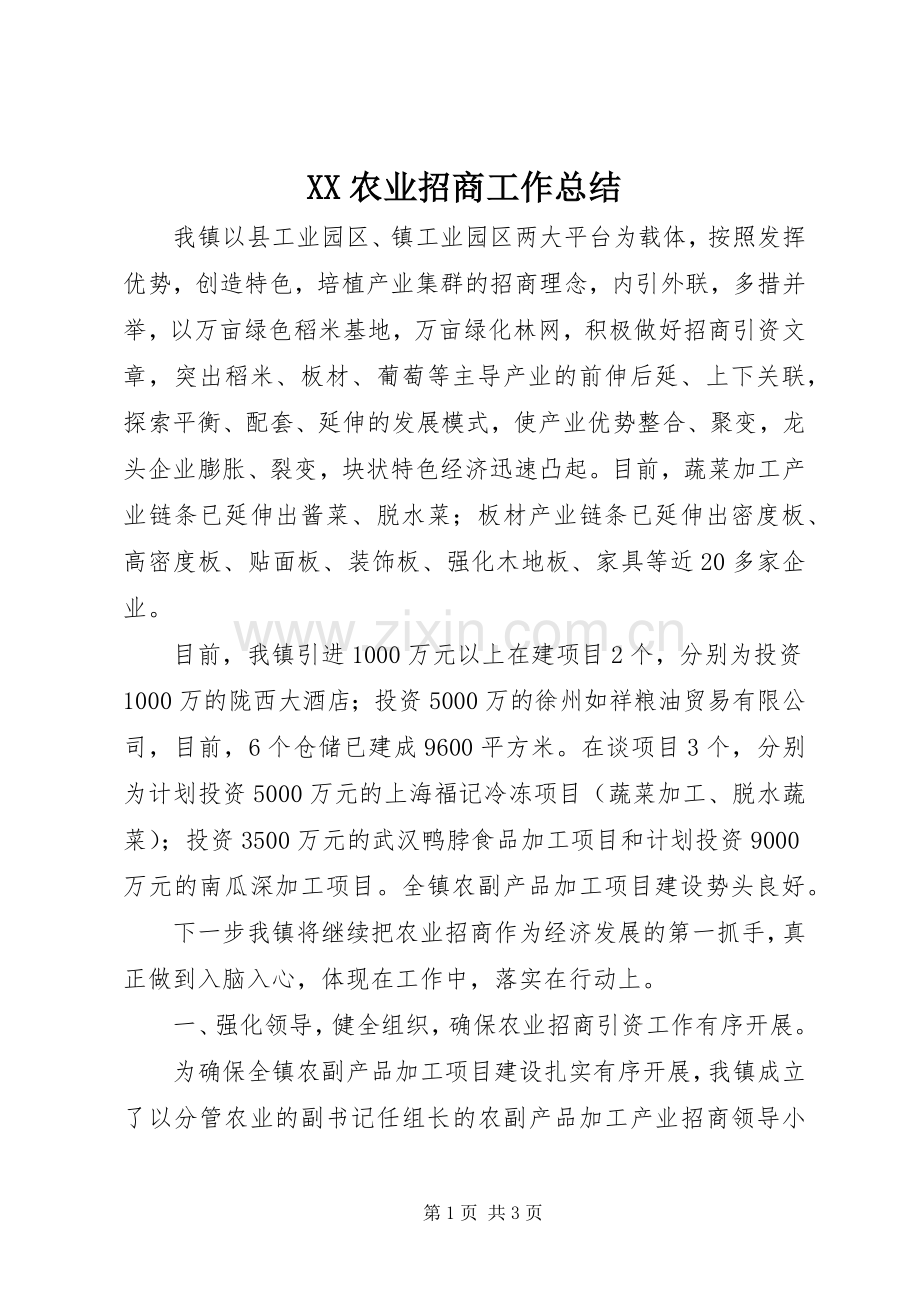 XX农业招商工作总结 .docx_第1页