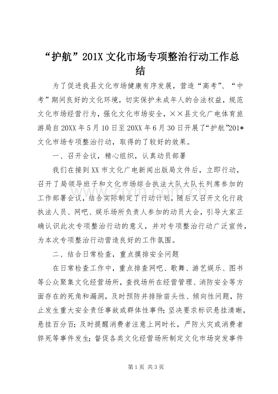 “护航”202X文化市场专项整治行动工作总结.docx_第1页
