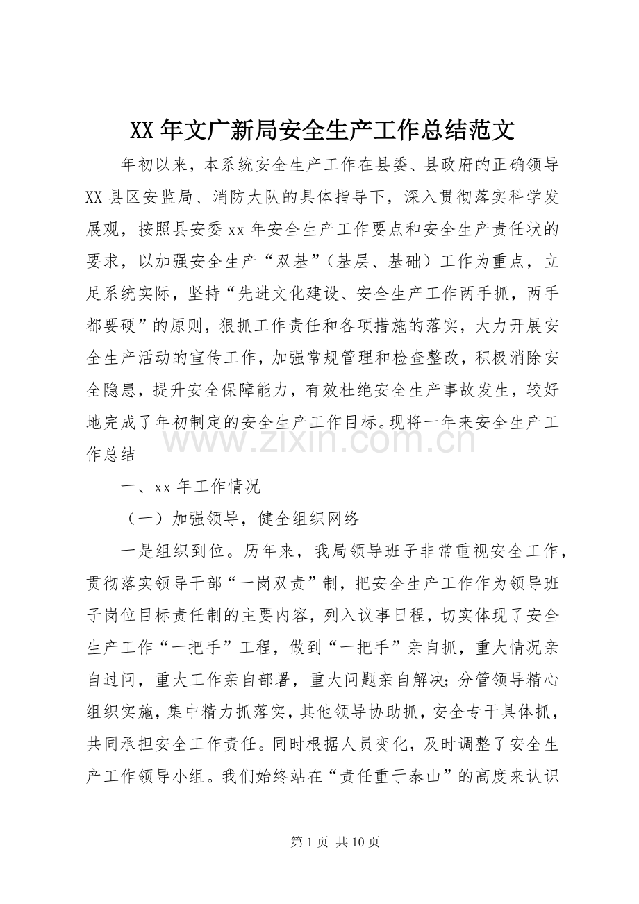 XX年文广新局安全生产工作总结范文 .docx_第1页