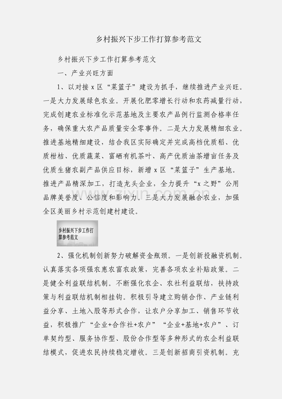 乡村振兴下步工作打算参考范文.docx_第1页