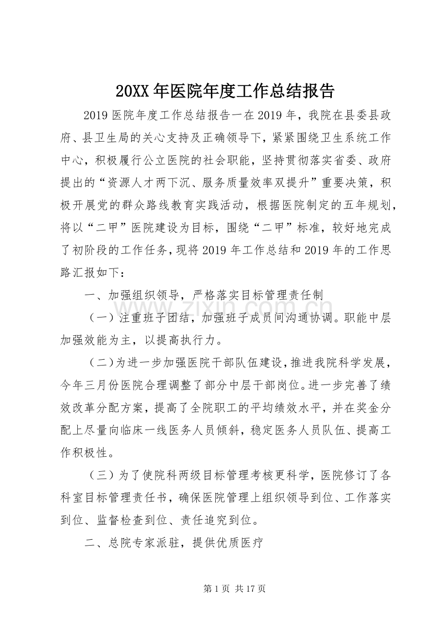 20XX年医院年度工作总结报告.docx_第1页
