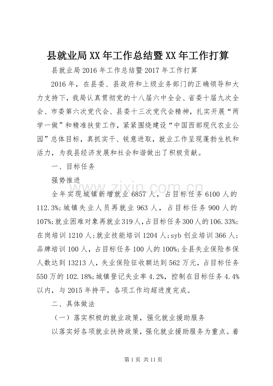 县就业局XX年工作总结暨XX年工作打算 .docx_第1页
