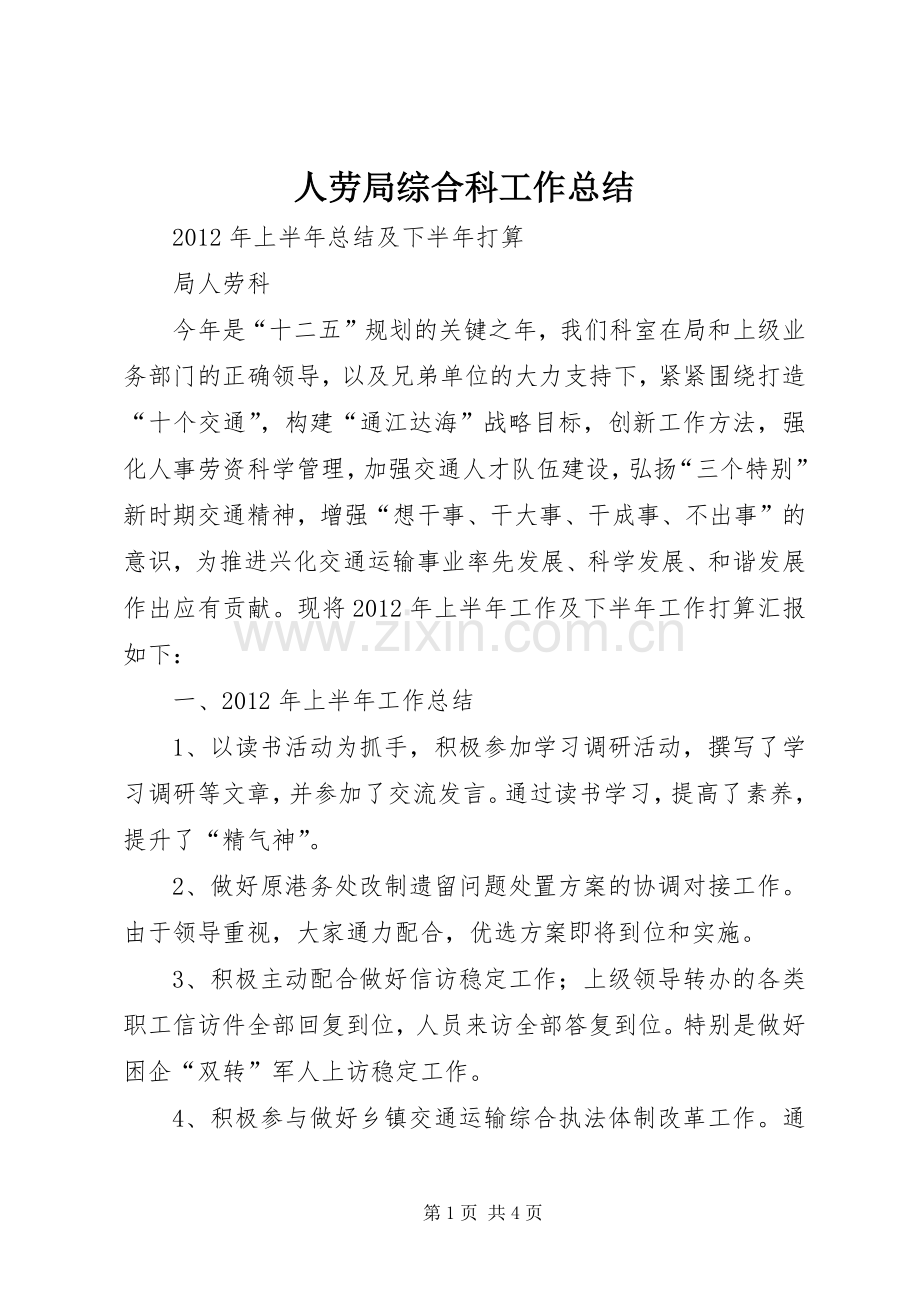 人劳局综合科工作总结 .docx_第1页