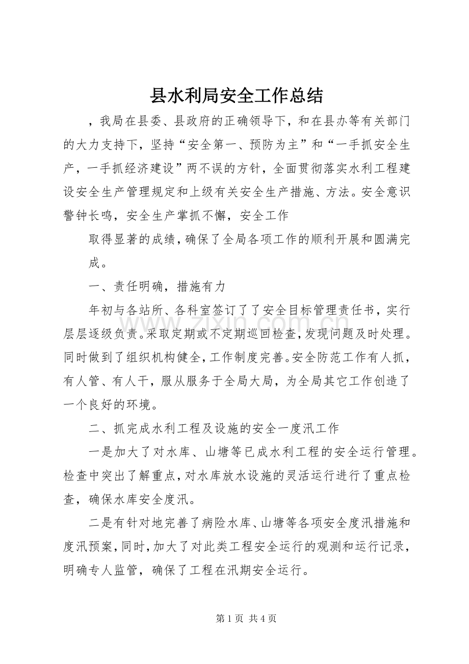 县水利局安全工作总结 .docx_第1页