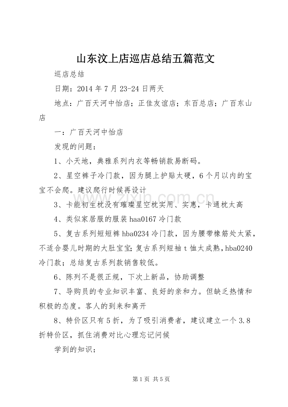 山东汶上店巡店总结五篇范文 .docx_第1页
