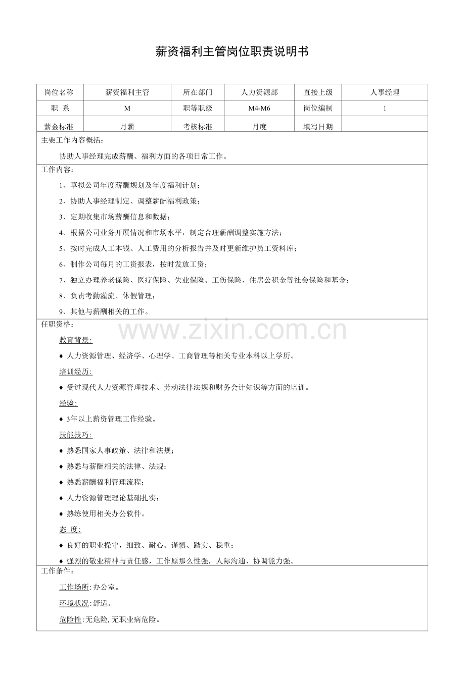 薪资福利主管岗位职责说明书.docx_第1页