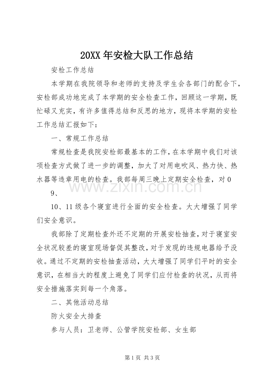 20XX年安检大队工作总结.docx_第1页