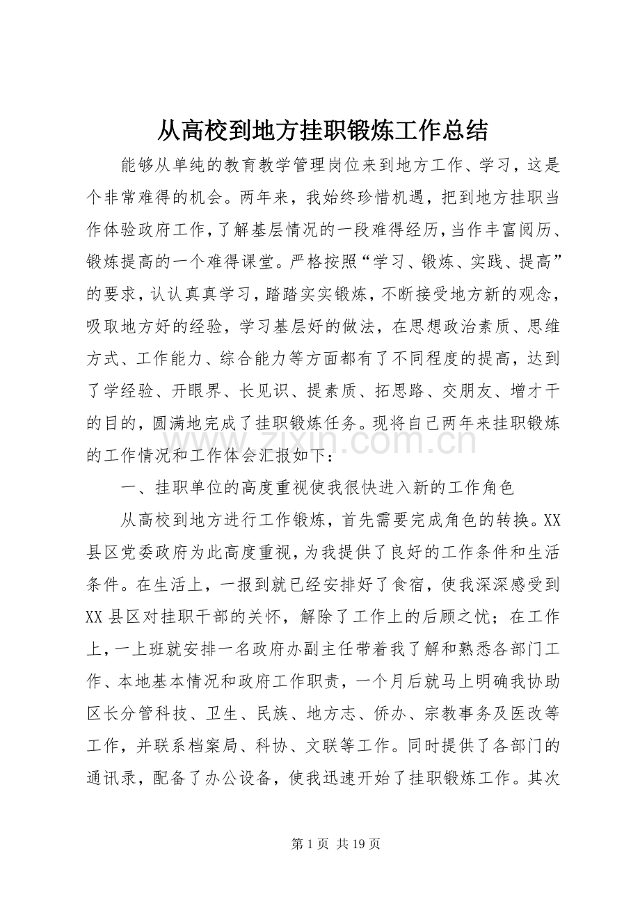 从高校到地方挂职锻炼工作总结 .docx_第1页