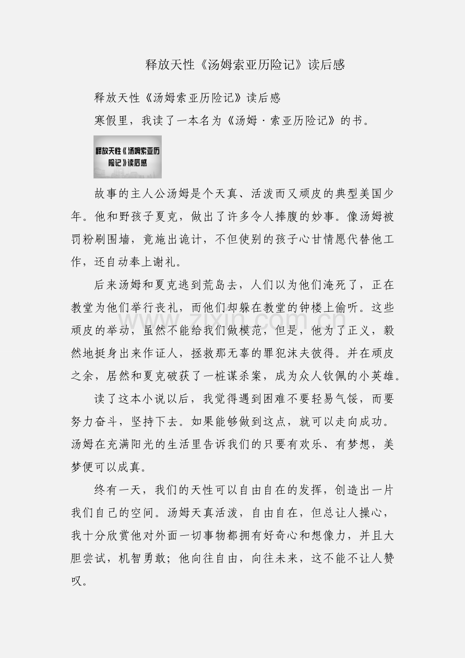 释放天性《汤姆索亚历险记》读后感.docx_第1页