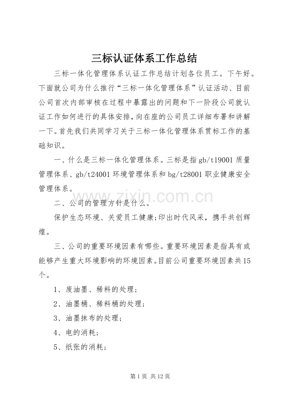 三标认证体系工作总结 .docx_第1页