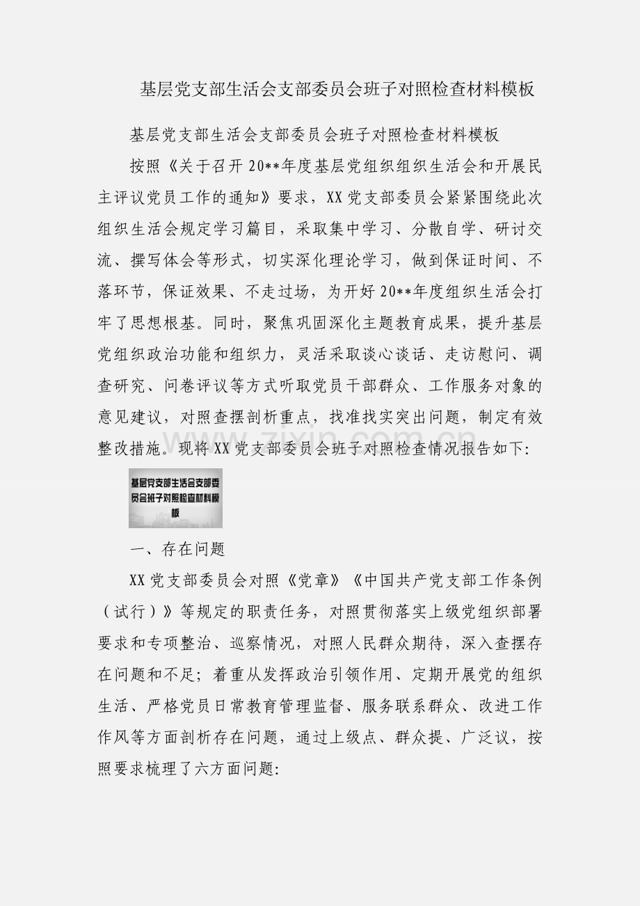 基层党支部生活会支部委员会班子对照检查材料模板.docx_第1页