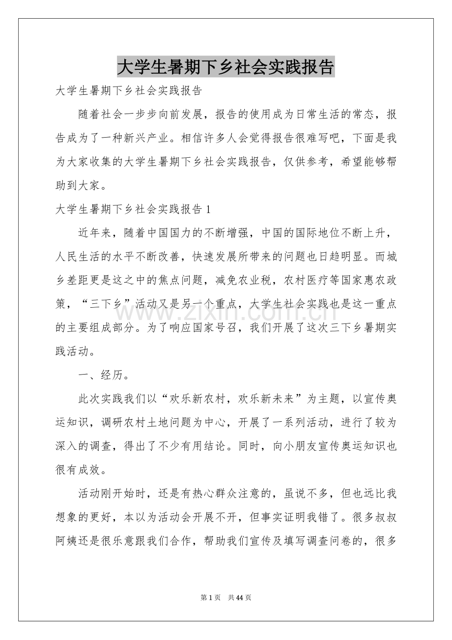 大学生暑期下乡社会实践报告.docx_第1页