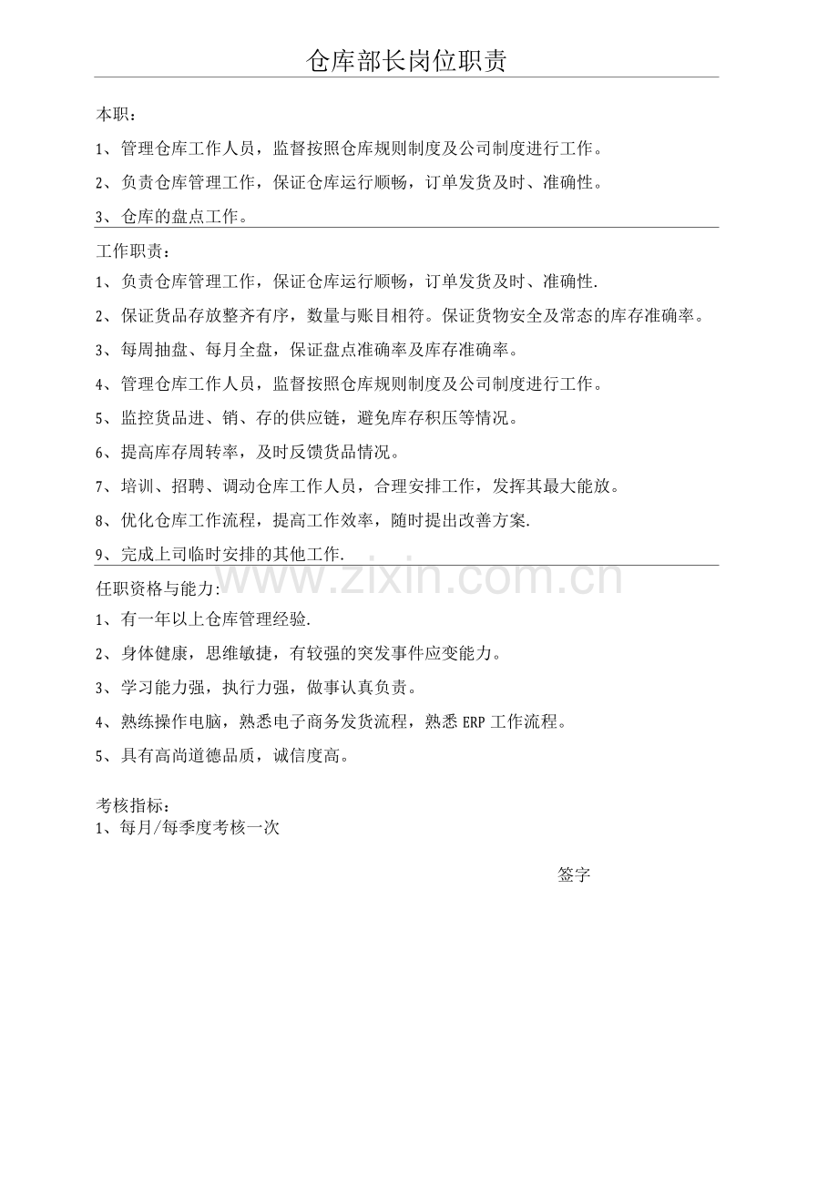 仓库部长岗位职责.docx_第1页