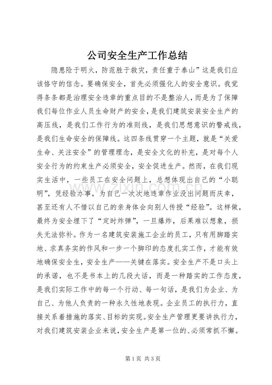 公司安全生产工作总结 .docx_第1页