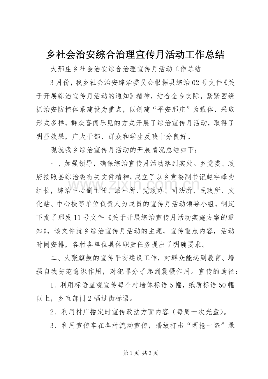 乡社会治安综合治理宣传月活动工作总结 .docx_第1页