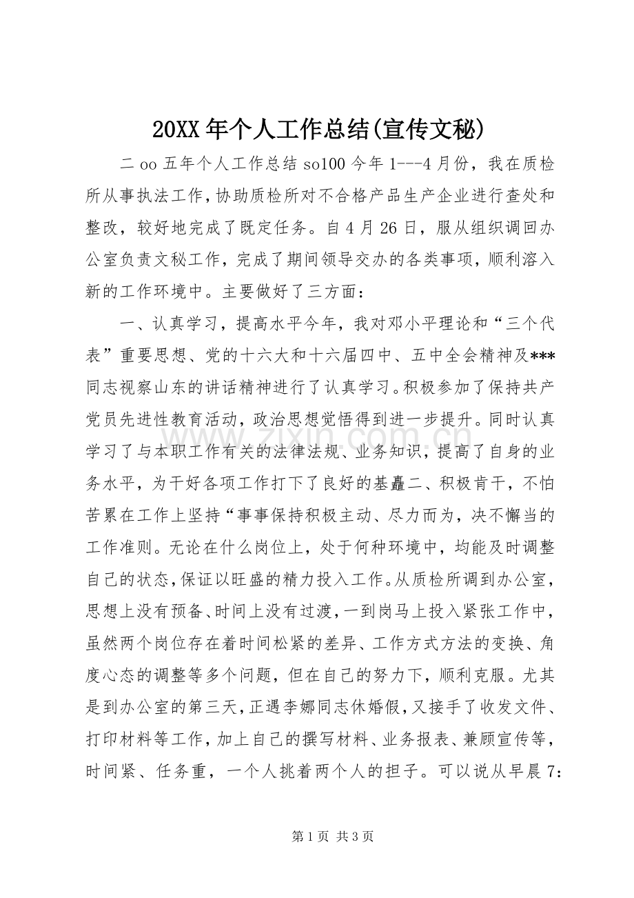 20XX年个人工作总结(宣传文秘).docx_第1页