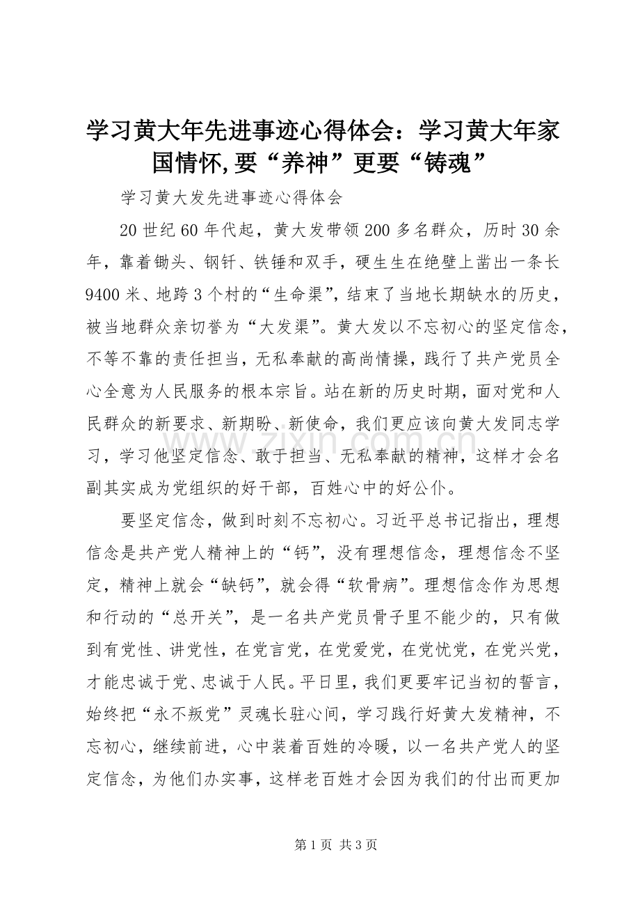 学习黄大年先进事迹体会心得：学习黄大年家国情怀,要“养神”更要“铸魂”.docx_第1页