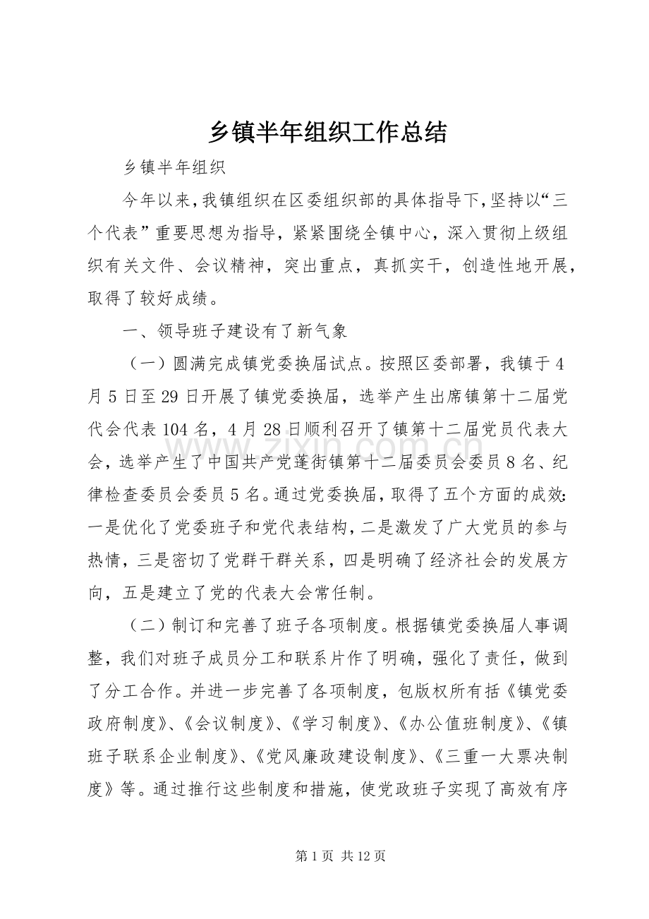 乡镇半年组织工作总结 .docx_第1页