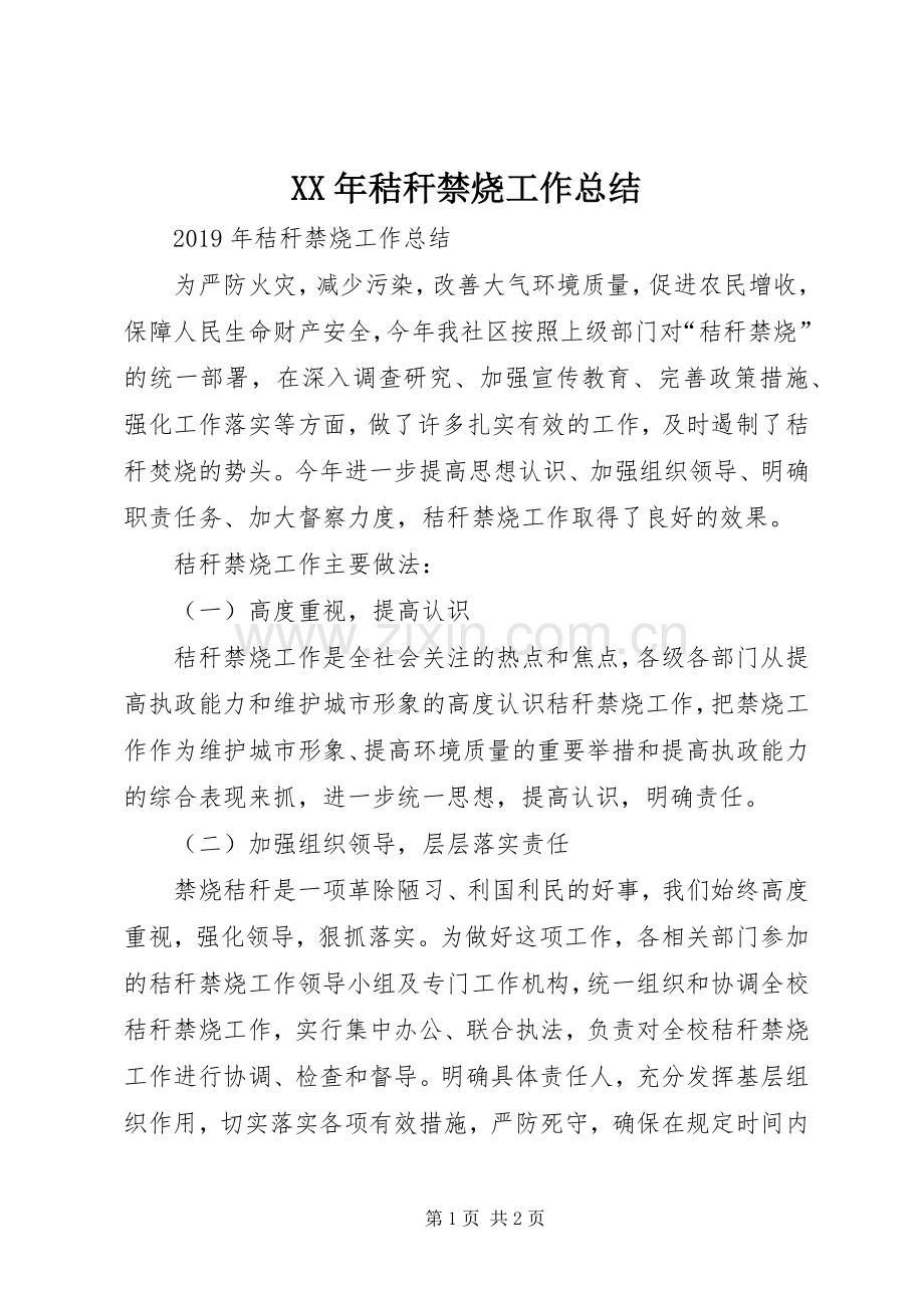 XX年秸秆禁烧工作总结 .docx_第1页