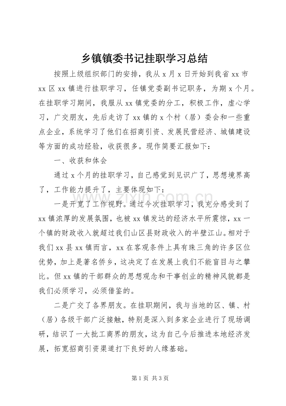 乡镇镇委书记挂职学习总结 .docx_第1页