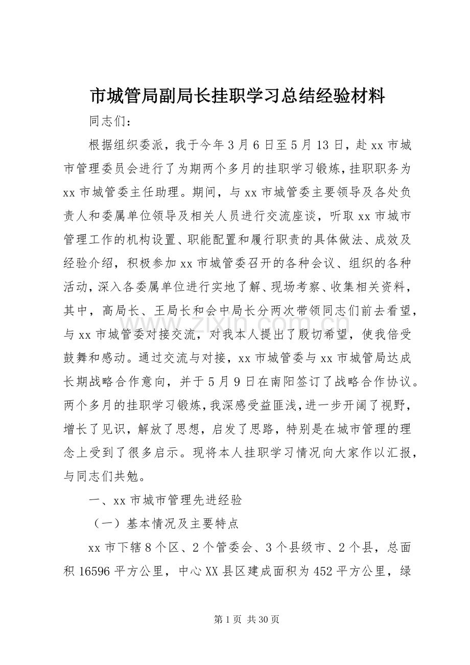 市城管局副局长挂职学习总结经验材料 .docx_第1页
