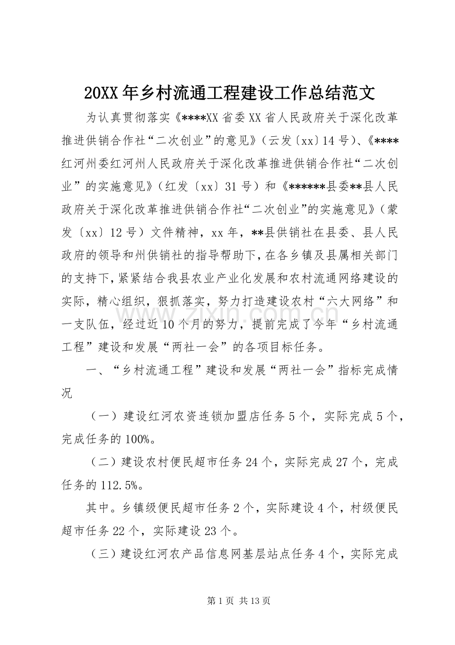 20XX年乡村流通工程建设工作总结范文.docx_第1页