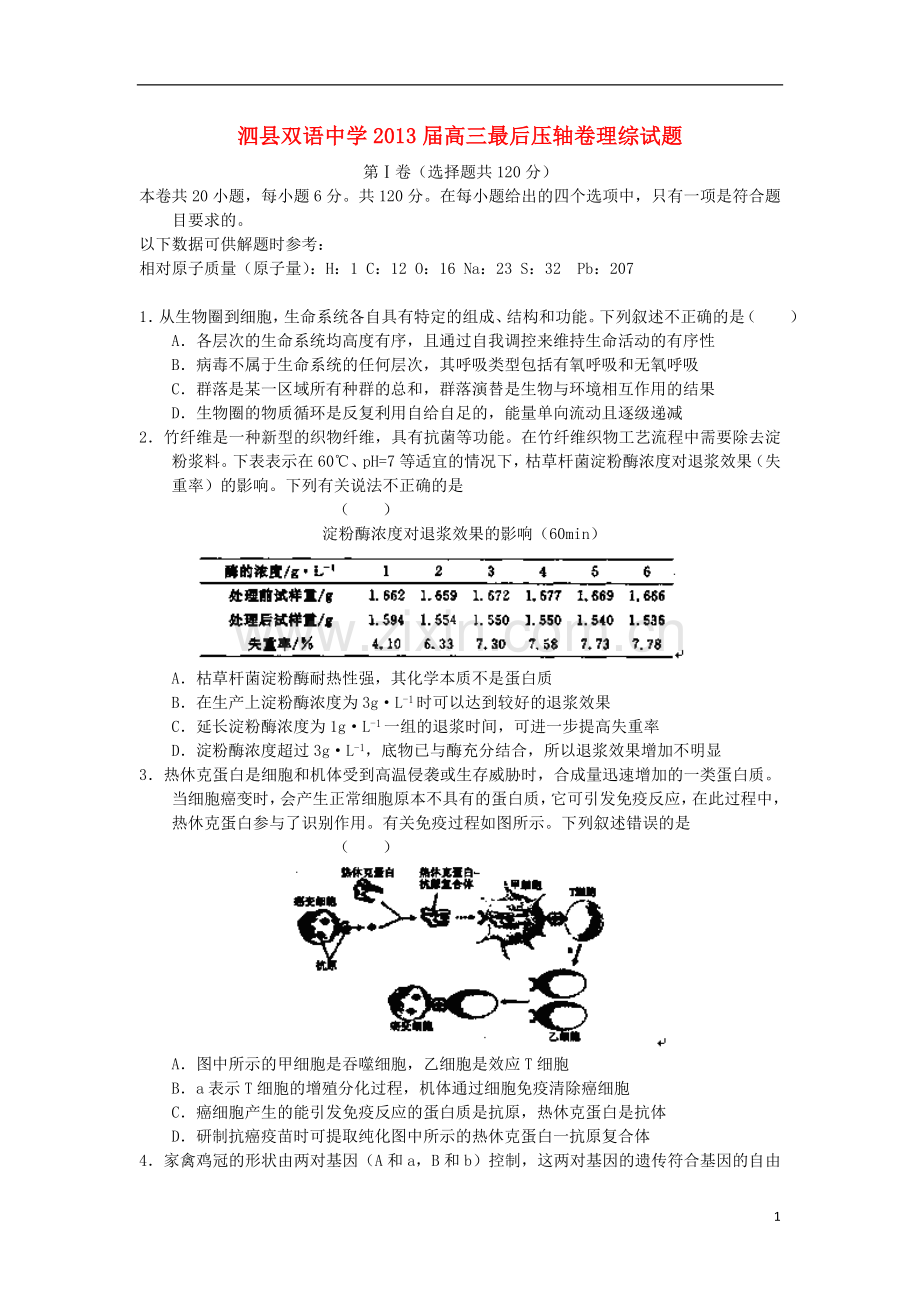 安徽省泗县双语中学高三理综最后压轴卷.doc_第1页