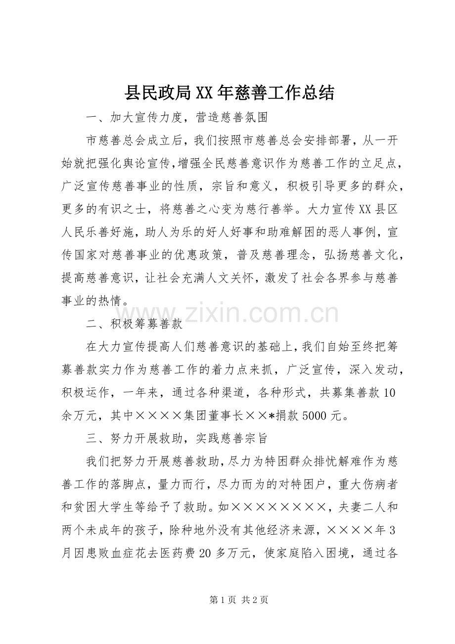 县民政局XX年慈善工作总结 .docx_第1页