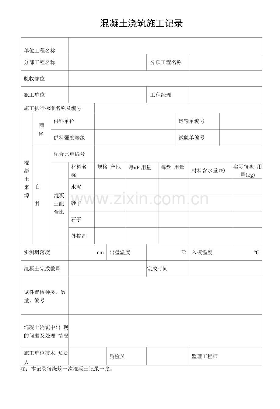 混凝土浇筑施工记录.docx_第1页