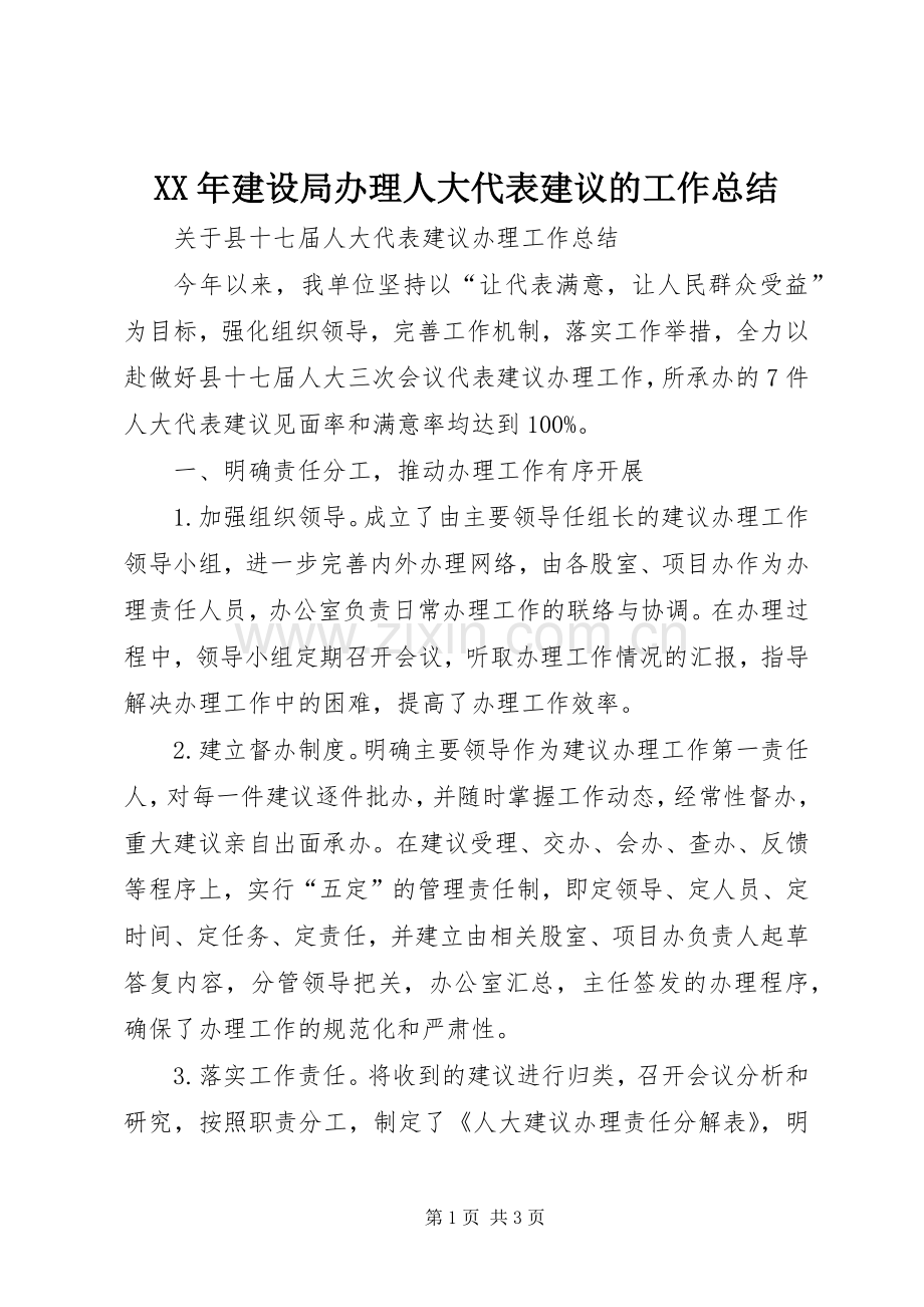XX年建设局办理人大代表建议的工作总结 .docx_第1页