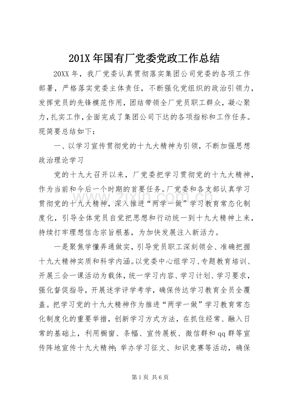 202X年国有厂党委党政工作总结.docx_第1页